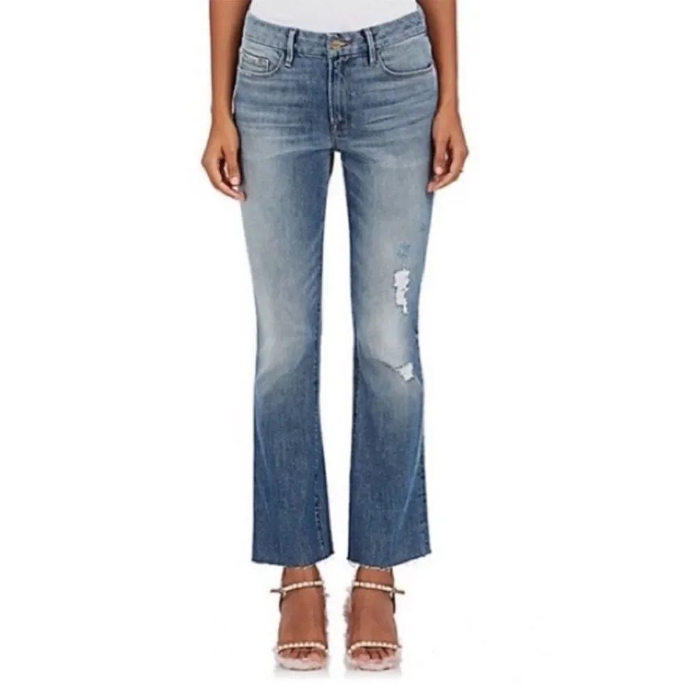 Frame Denim X Barney’s Mini Boot Klinefeld Blue Distressed Cropped Ripped Jeans